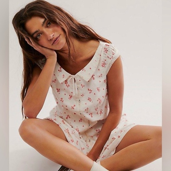 NWT FREE PEOPLE Beasley Mini Dress - Ivory Combo small pink white